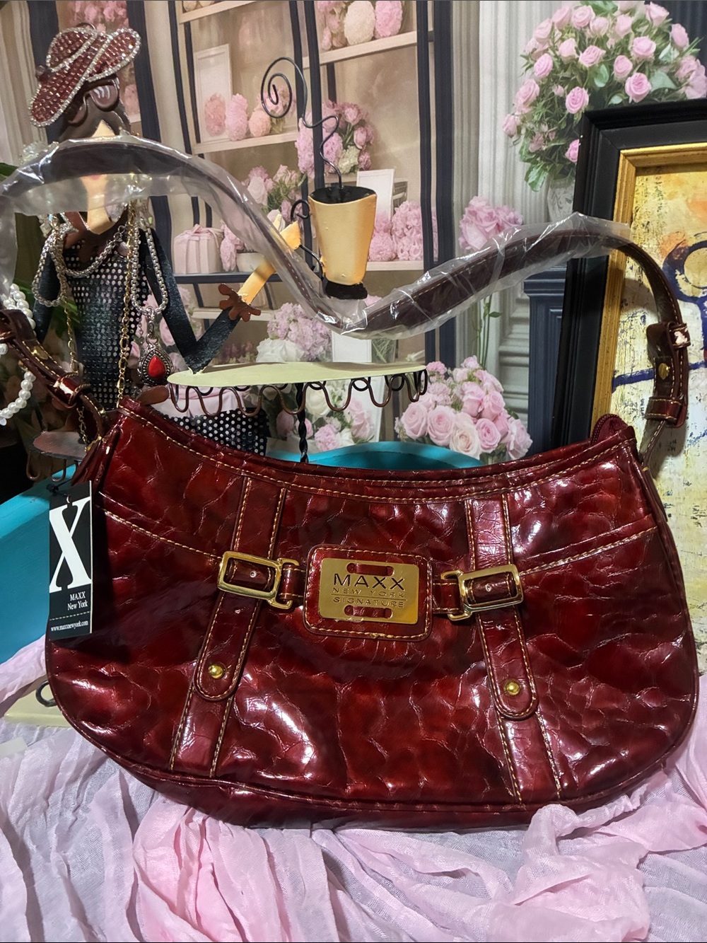 Maxx New York Burgundy Patent Shoulder Bag with Gold Accents